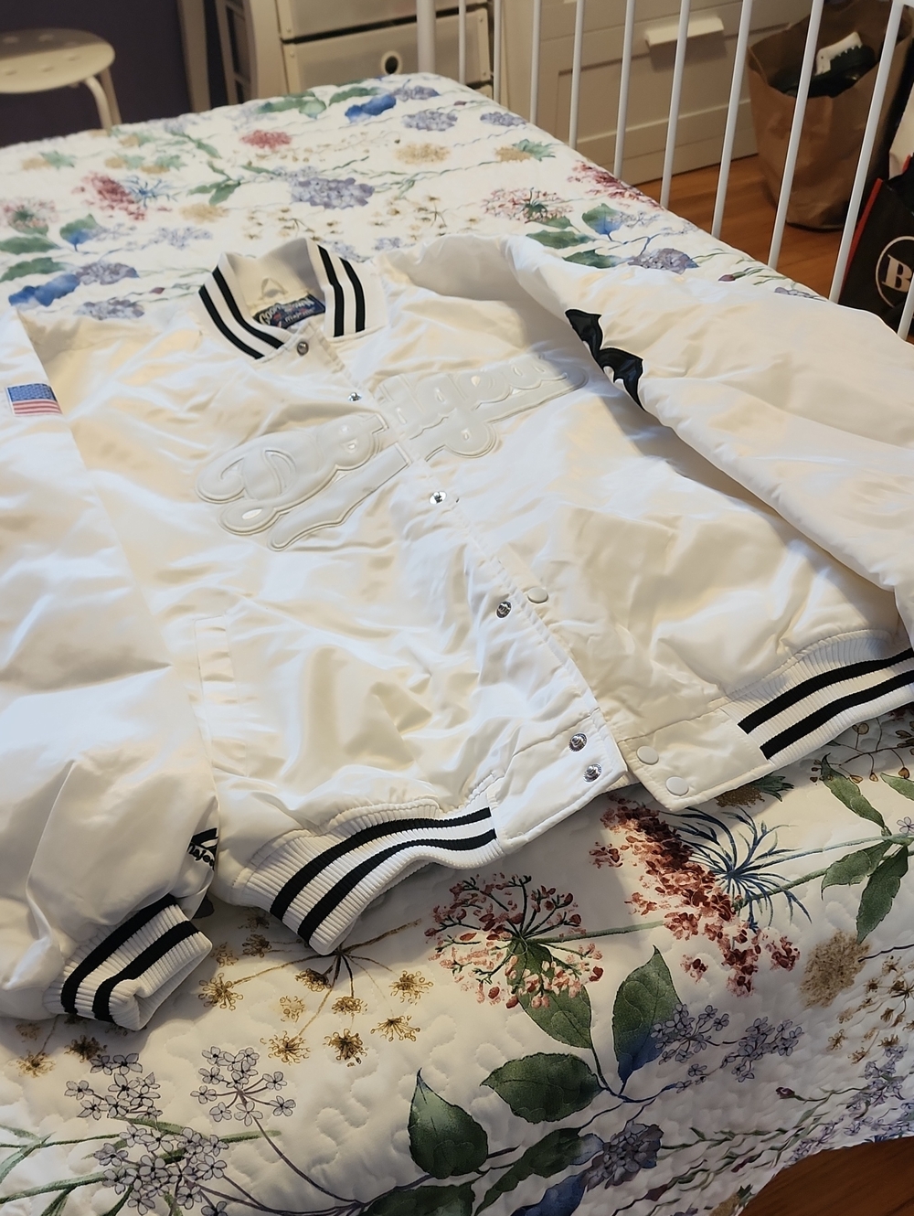 Men's White Bomber Jacket with Black Stripes